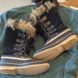 ❤️Women's Sorel Joan of Arc Black & Gray Faux Fur Black & Tan Winter Boots Sz 10